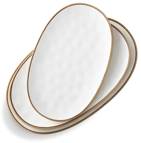 CULIVORA Ceramic Oval Serving Platter with Brown Rim: 15.6/14.3/12.9 Inch Large Serving Dishes for Entertaining Party, Turkey, Steak, Ham, Microwave Dishwasher Safe