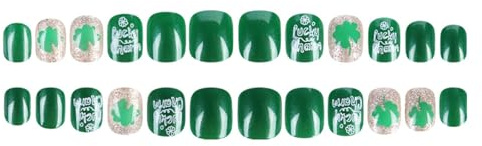 Faux ongles carrés à presser pour la Saint-Patrick - Faux trèfles - Couverture complète - Acrylique acrylique - Pour femme - Transparent