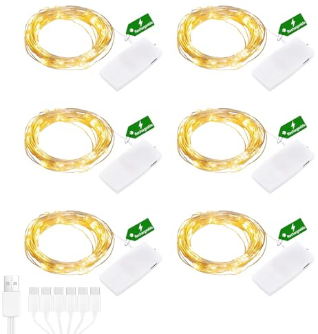 Liyade Mini Lichterketten 2 m 20 LED, USB-aufladbar, 6 Stück | Warmweiß und wasserdicht, für Weihnachten, Hochzeit, Party und Zimmer-Deko