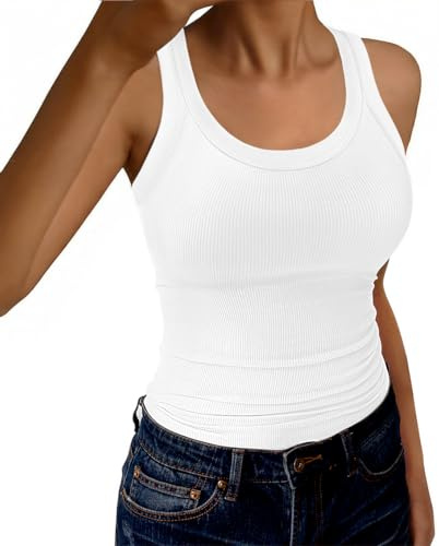 GKBK Womens Tank Tops Scoop Neck Sleeveless Ribbed Tank Summer Basic Thick Strap Slim Fitted Racerback Tops White L
