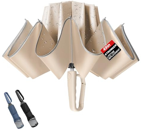 TOPSAIL 10 Ribs Inverted Umbrella with Carabiner Handle, Large Strong Windproof Umbrellas for Rain & Sun, 49 Portable Reverse Folding Compact Travel Umbrella with Safe Reflective Strip, for Women Men-Beige
