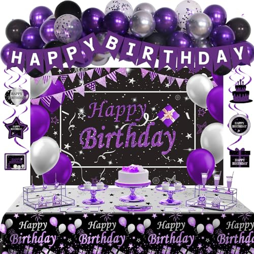 Black Purple Birthday Decorations for Women Girls Men, Purple and Silver Party Decorations Happy Birthday Banner Backdrop Confetti Silver Balloons Arch Hanging Swirls Party Supplies Tablecloth