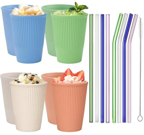 Gobelet Plastique Reutilisable 8 Pièces, Gobelets en Plastique Rigide 350ml avec Pailles Pour Café, Lait, Jus De Fruits, Cocktails, Cup Réutilisables Légers pour Camping, Pique-Niques, Barbecues