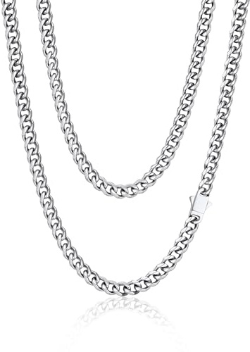 PROSTEEL Kette für Herren Damen, Edelstahl Punk Panzerkette, Hip pop Halskette Cuban Chain necklace, 6mm breit, Kubanische Halskette silber 50cm lang