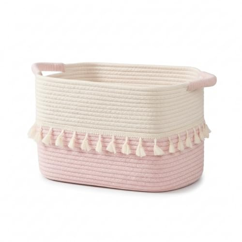 danpinera Aufbewahrungskorb, Korb geflochten mit Henkeln, vielseitiger Korb Aufbewahrung für Wäsche, Decken & Spielzeug, dekorativer Basket für Wohnzimmer, Schlafzimmer, Bad & Kinderzimmer Weiß+Rosa