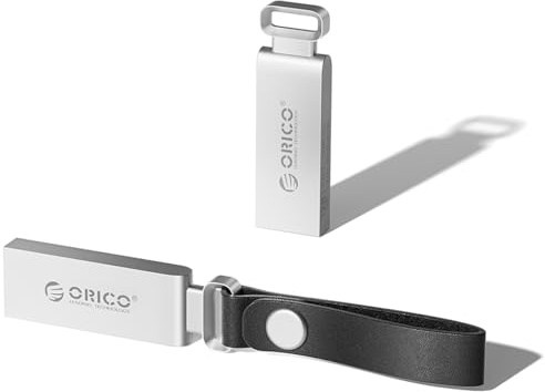 ORICO USB-minne 32 GB, USB 2.0 Stick mini USB-minne USB-minne med lädersnöre, 20 MB/s dataöverföring för PC/laptop/bärbar dator, Memory Stick i metall, silver