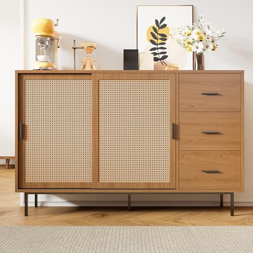 Generisch Cómoda rústica con puertas correderas y cajones, solución de almacenamiento para salón y comedor, estantes ajustables en altura y capacidad de carga de 50 kg, diseño natural