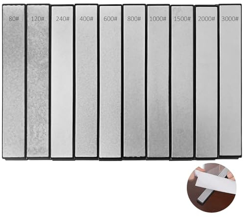 Packool 80/120/240/400/600/800/1000/1500/2000/3000 Grit Sharpening Stones, 10 Pcs Diamond Sharpening Plate Set, Knife Sharpeners with a Plastic Base - No Oil or Water Needed