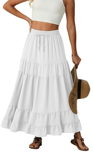 IWOLLENCE Maxi Skirts for Women UK Long White Ladies Elasticated Waist A Line Flowy Two Side Pockets with Drawstring Lightweight and Breathable(Pearl White, M)