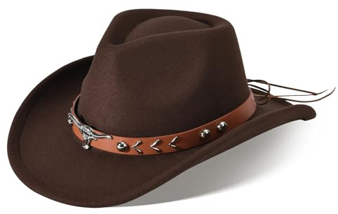 Ekulforg Cowboy Hut Damen mit Band Westernhut Cowboyhut Herren Cowboy Hut aus Filz Breiter Krempe für Erwachsene Karneval Fasching