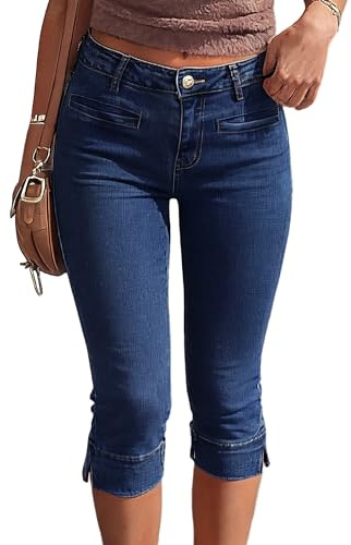 Fengbay Pantalones vaqueros Capri para mujer, elásticos, ajustados, cintura | Pantalones capri con hendidura en el dobladillo, informales de verano, pantalones 3/4, cintura alta, pantalones de algodón