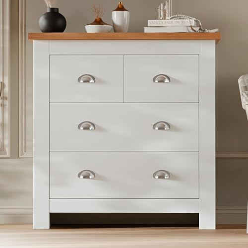 Blisswood Wooden Chest of Drawers, 2+2 Drawer Slim Storage Unit Cabinet with Oak Top for Bedroom Furniture, Chest for Living Room, Lounge, Hallway Office Furniture, White/Oak 38D x 75W x 81H CM