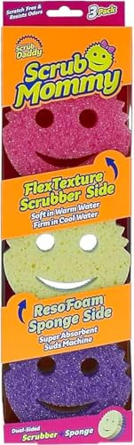 Scrubb Daddy Scrubb Mommy - Esponja abrasiva de cocina de doble cara, FlexTexture, cara sonriente, colores surtidos, 3 unidades