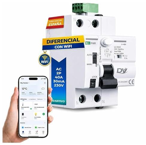 DANTIVO Diferencial Rearmable Via WiFi 40A 30mA Tipo AC 2P – Interruptor Diferencial Inteligente WiFi con App – Diferencial Rearmable Carril DIN – Control en Tiempo Real