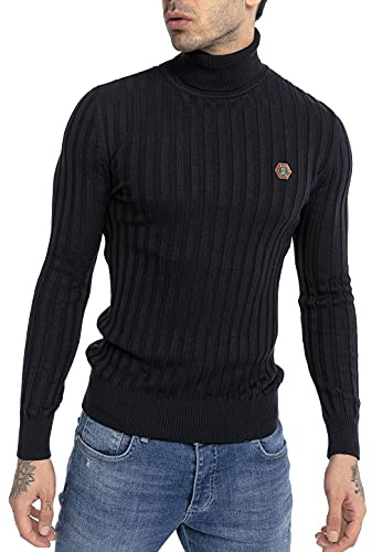 RED BRIDGE Maglione a Collo Alto da Uomo Maglia in Cotone a Costine Blu L