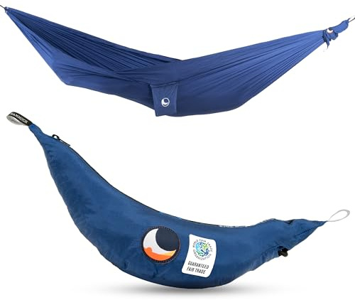 Ticket to the Moon Fair Trade och handgjord kompakt – lättvikts hängmatta kungsblå för resor, camping och vardagsbruk, 3,2 x 1,55 m, endast 480 g, fallskärmssilke nylon, installation < 1 min.