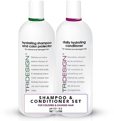TRI Design Hydrating Shampoo & Color Protector 10.5 oz w/Daily Hydrating Conditioner 10.5 oz for Color-Treated Hair, All Hair Type Moisturizing Shampoo and Conditioner, Scented, Liter Set