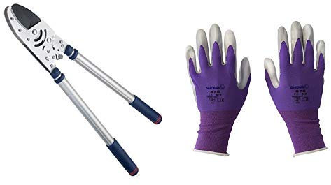 Spear & Jackson Razorsharp Advance Heavy Duty Telescopic Ratchet Anvil Lopper and Kew Gardens Collection 370S4KEW Multi-Purpose Gardening Gloves, Purple - Small