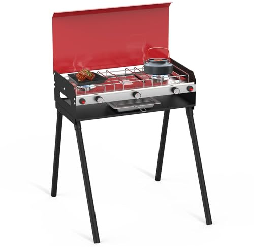 CAMPLUX 2 Burners & 1 Grill Propane Camping Stove, 15,000 BTU Portable Outdoor Propane Camping Grill Burner with Free Standing Legs, Auto-Ignition Gas Stove with Regulator, Red
