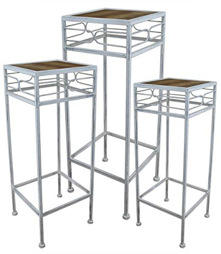 PrimoLiving 3 taburetes para flores, mesa auxiliar de metal y madera, gris, cuadrados