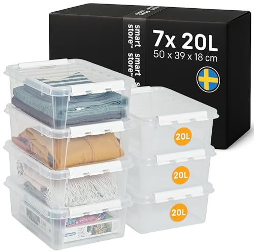 SmartStore - 7x Boîte de Rangement Plastique avec Couvercle Classic 20L (50x39x18cm) | Empilable et de Qualité Alimentaire | Boîte Plastique avec Couvercle & Coins Renforcés | Garantie 10 Ans