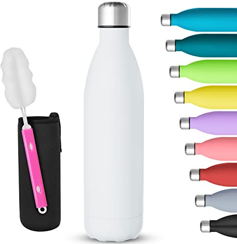 GeeRic Doppelwandige Edelstahl Trinkflasche 750ml Edelstahl Trinkflasche Doppelte Vakuumwand Auslaufsicher Kühlen & Warmhalten Mit Tassenbürste, ohne BPA und rostfrei