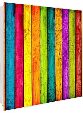 banjado Großer Schlüsselkasten Glas - Schlüsselbox 30x30cm mit 50 Haken - Schlüsselkasten modern für Schlüsselaufbewahrung mit beschreibbarer, magnetischer Glastür - Motiv Holz bunt