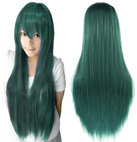 IMISSU 80 cm langes glattes Naturhaar Cosplay Perücken mit Pony Bunt Halloween Kostüm Party Perücke Haarverlängerungen (Dunkelgrün)
