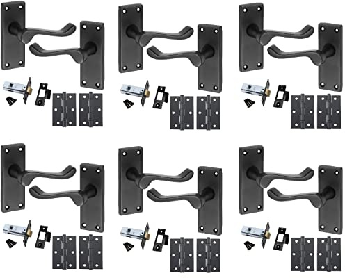 Golden Grace Victorian Scroll Door Handles Latch, Matt Black, 6 Sets | Includes 3 ball bearing hinges, 2.5 latches, spindles, screws, and a compact 120mm x 40mm backplate.