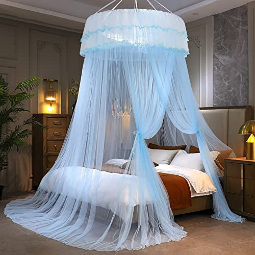 Luxus-Betthimmel für Prinzessinnen, Moskitonetz, Betthimmel mit Kuppel zum Aufhängen für Einzel-/Doppelbetten, Mesh-Prinzessin-Netzvorhang,Blau,1.2m