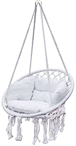 Relax Hängesessel 80 cm inklusive Kissen - weiß - Hängekorb für Innen und Außen - Schwebe Hänge Sessel Korb Schaukel aus Baumwolle geflochten Outdoor