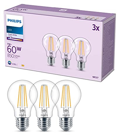 Philips LED E27, confezione da 3 lampadine, equivalente a 60 W, lampadine LED filamento, Vetro, Luce Bianca Naturale 4000K, LED a risparmio energetico con lunga durata