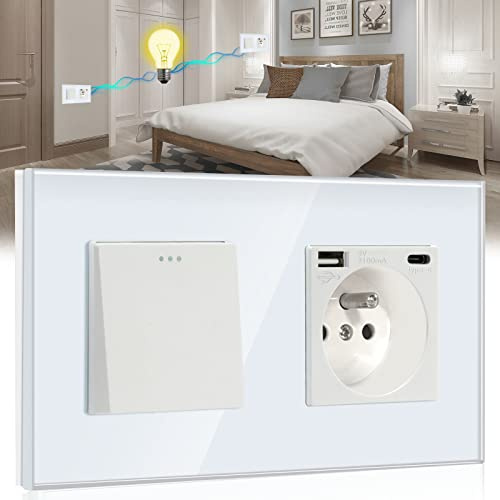 BSEED Interrupteur avec Prise Murale USB et 1 Type C Blanc,Interrupteur Va et Vient +Schuko Prise Murale,10A 1 Gang 2 Voie Interrupteur à bascule avec panneau en verre+Multiprise Murale avec USB-2.1A