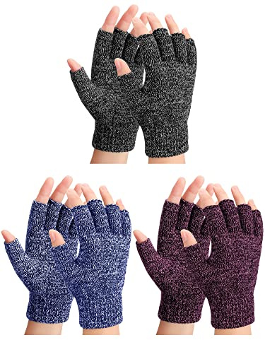 SATINIOR 3 Pares Guantes de Punto sin Dedos para Hombre Invierno Guantes Cálidos Medio Dedo (Gris Negro, Azul Marino, Rojo Negro)
