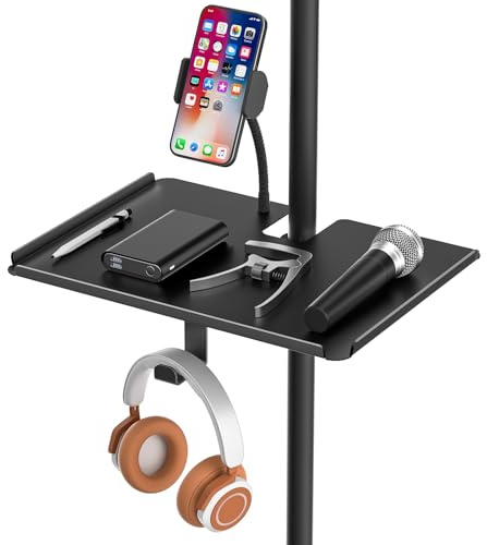 Multi-Functional Microphone Stand Tray with Phone Holder - Universal Metal Mic Stand Tray Shelf Clamp on Music Stand Tray for Studio Concert Karaoke Stands with 11.7 x 7.8 for Storage