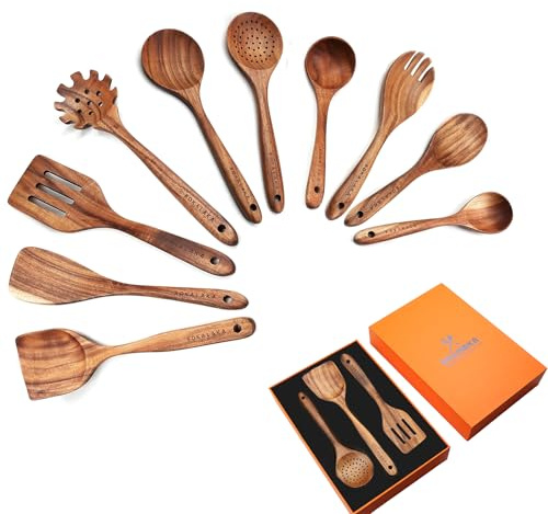 Natural Teak Wooden Spoons for Cooking - 10 Pcs Kitchen Utensils Set With Spatulas