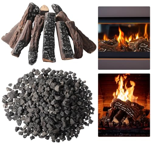 Sasylvia Keramikscheite für Gaskamin und 4,5 kg Lavasteine für Feuerstelle, Winter, Outdoor, Innenbereich, Vulkangestein, Kamin, Propangaseinsatz, dekorative Landschaftsgestaltung, 10 Stück