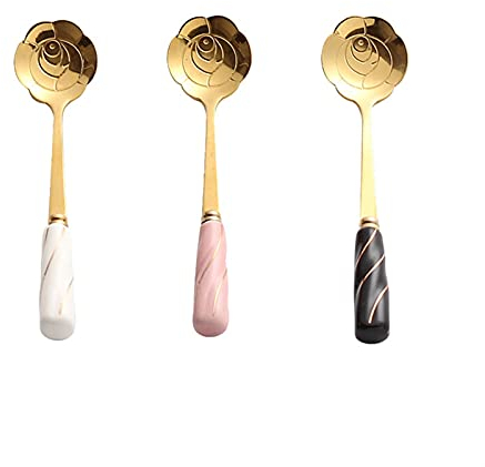 GLigeT Löffel 3-teiliger kreativer Dessertlöffel mit Blumenmuster – Kleiner Dessertlöffel, Honiglöffel, Blütenblattlöffel, Rührlöffel, Dessertlöffel for die Küche zu Hause Kaffeelöffel (Color : A)