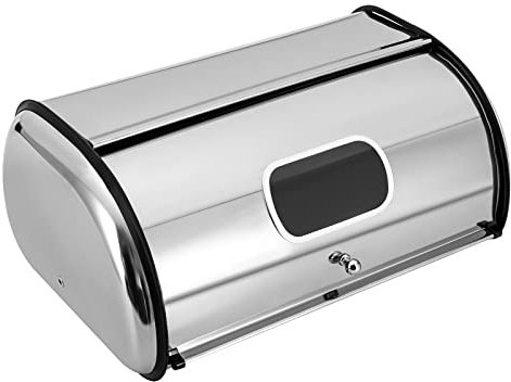 QRANSEUYXY Edelstahl Brotbox, 43.5x27x18cm Brotkasten mit Rolldeckel und Klarem Fenster Container, Brot Aufbewahrungsbox für Hause Küchen