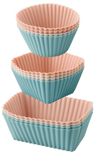 GLADFRESIT 12Pcs Silicone Cupcake Mould Set, Non Stick Cups Square Rectangle Round Muffin Cake Moulds Food Grade Air Fryer Liners for Jelly Desserts Cakes Bread Treats(Brown)