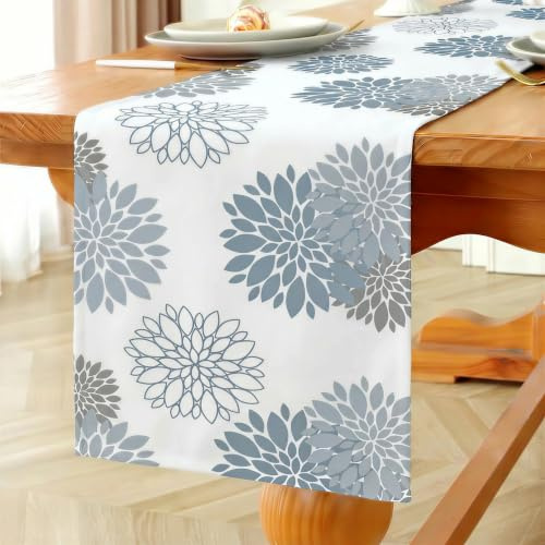 Vorysum Camino de Mesa Dalias Moderno Cocina Exterior Impermeable Camino de Mesa Azul Hogar Decoración Manteles para Fiestas de Vacaciones Comedor 40x140 cm