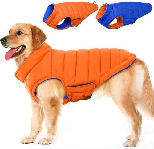 Lelepet Hundemantel Winter Jacke für Große Hunde, Wasserdicht Warmer Hunde Winterjacke, Wendbarer Winddicht Hundejacke mit Klettverschluss, Orange 2XL