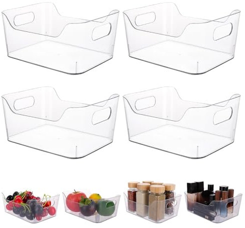 ASelected 4PCS Clear Plastic Storage Organisers Fridge Storage Box with Handles Design Drawer Trays for Desk, Makeup , Kitchen Pantry Cabinet, Cupboard (19.7x13.9x7.7CM)