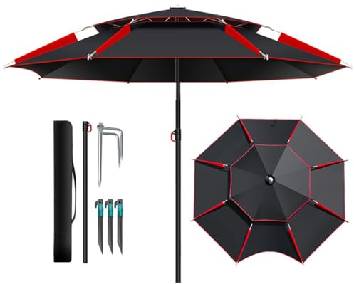 Groß Angelschirm Strandschirm Für Den Außenbereich Tragbar Strandmuschel Regenschirm mit Trage-Tasche Doppeldach Schirmzelt Gartenschirm(Black red,200cm)