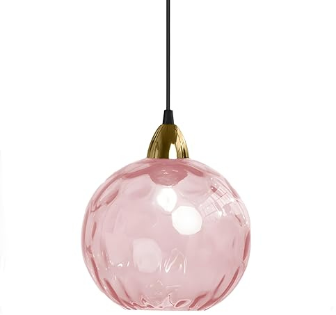 XIRYTU-H 20cm/7.9’’ Industrial Vintage Spherical Glass Pendant Light, E27 Ceiling Hanging Lamp, Gold Finish & Ripple Glass Globe Shade, Dining Room Bedroom Chandelier (Pink, 20cm)