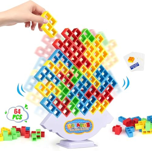 NIWWIN Tetra Tower balanseringsblock set med 64 delar, brädspel för 2 spelare + familjespel, fest, resor, leksaker för barn, vuxna