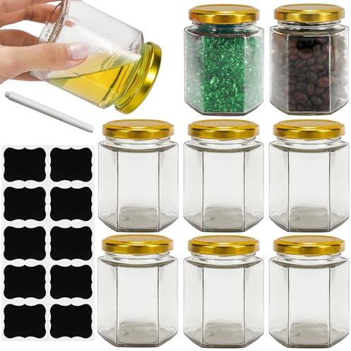 TOEKSIX 6oz Glass Hexagonal Jar with Gold Lids 8 Pack, Canning Storage Jars | 180ml capacity, for baby food/nuts/spices/desserts, reusable glass jars, airtight lids