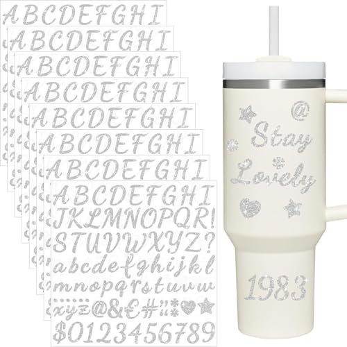 8 Sheets Glitter Letter Stickers for Cup, Alphabet Name Stickers for Water Bottles,Vinyl Waterproof Personalized Letter Number Name Tags Logo Sticker for Scrapbooking Tumbler Accessories(Silver)