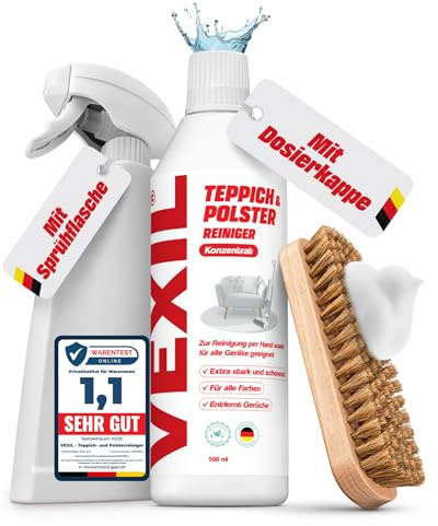VEXIL Teppichreiniger & Polsterreiniger Konzentrat mit Bürste & Mischflasche - für Textilien wie Sofa, Matratzen & mehr geeignet - auch für Geräte wie Nasssauger geeignet - Made in Germany