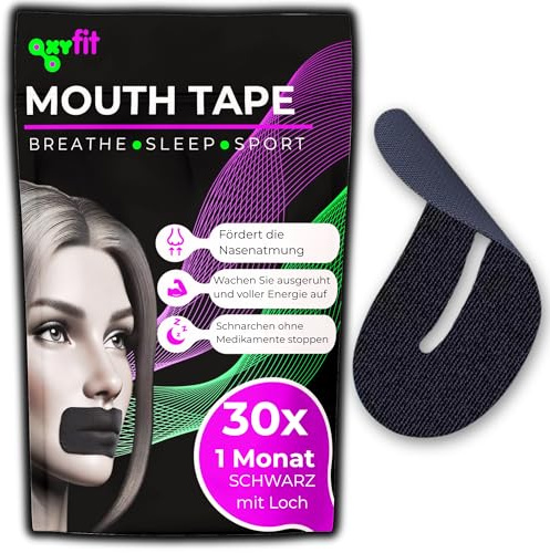 OXYFIT® | Mouth Tape – 30 Cintas Bucales para Dormir y Dejar de Roncar | Tiras Adhesivas para Forzar la Respiración Nasal y Mejorar el Sueño (30 - Negro con agujero)